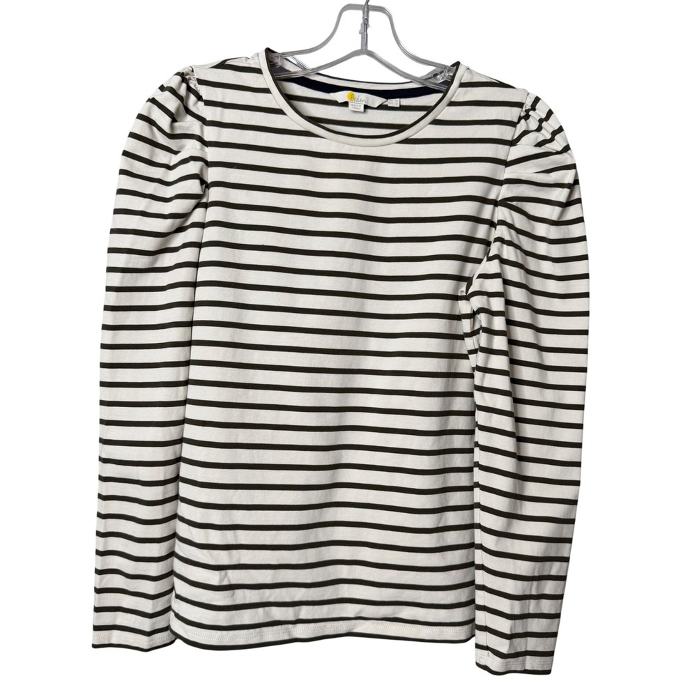 Boden Striped Puff Sleeve Top Womens 12 Olive White Long Sleeve Preppy Cotton